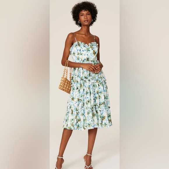 Badgley Mischka Dresses & Skirts - Badgley Mischka Blue Floral Ruffle Trim Dress
Size 8